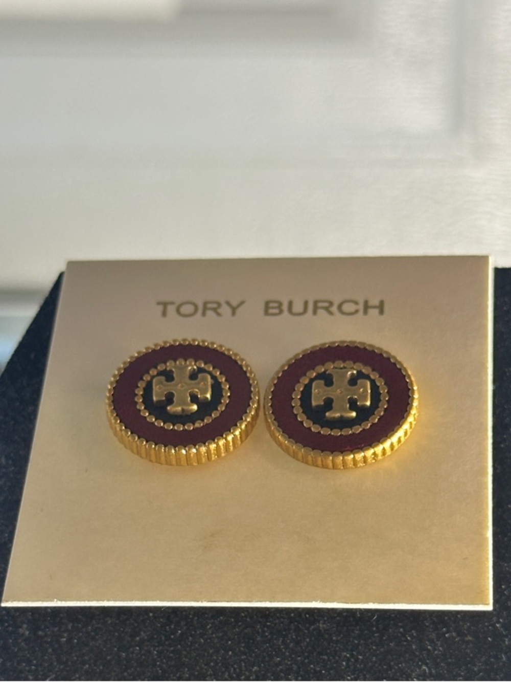 Tory Burch Double T Burgundy Enamel Gold Tone Logo Stud Earrings - Picture 2 of 3